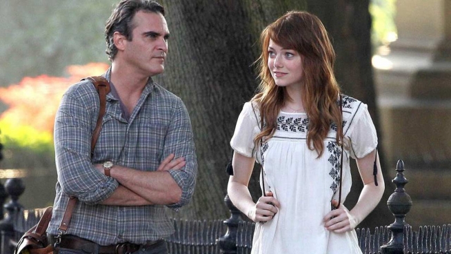 Irrational Man, starring Joaquin Phoenix (left) and Emma Stone (right), directed by Woody Allen. comes out July 17.